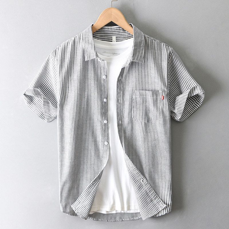 Summer Japan fashion Retro Vertical Stripes Short sleeve Shirts Men's Casual Thin Half Sleeve Shirt New Washed Bunchy Yarn