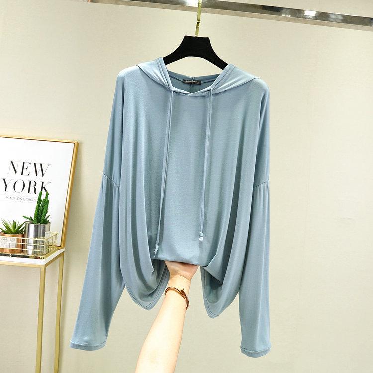 

Женская повседневная футболка с капюшоном из модала оверсайз с длинным рукавом - Приталенная, тонкая, весенний солнцезащитный топ Medium