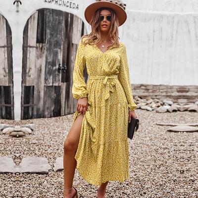 Spring Fall Floral Print Long Dress Women Casual A-Line V-neck Full Sleeve High Waist Bandage S-XL