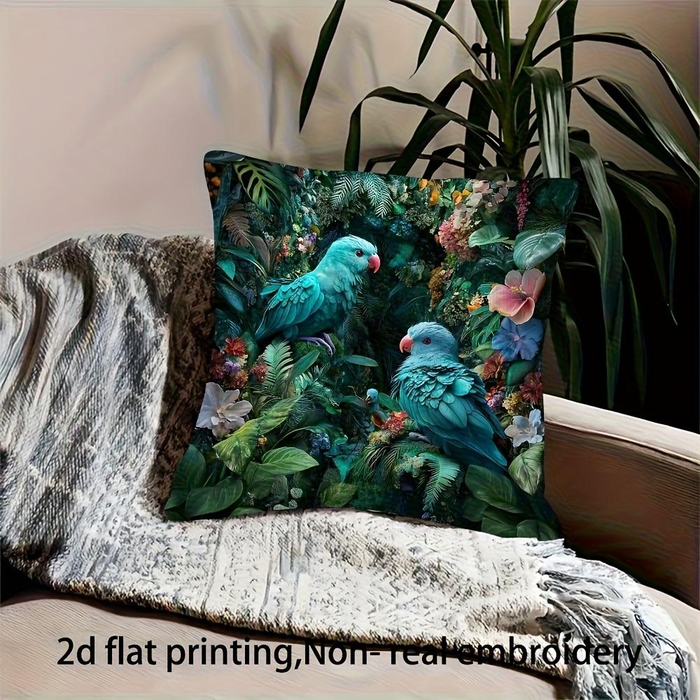 2D flat- Tropical Teal Parrot Jungle Floral Throw Pillow Cover Botanical Greenery Cushion Case for Home Sofa Bedroom Decor