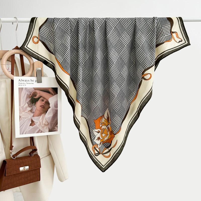 New stylish and simple 91 * 91 square scarf versatile premium bag head scarf thousand bird grid printing imitation cashmere scarf
