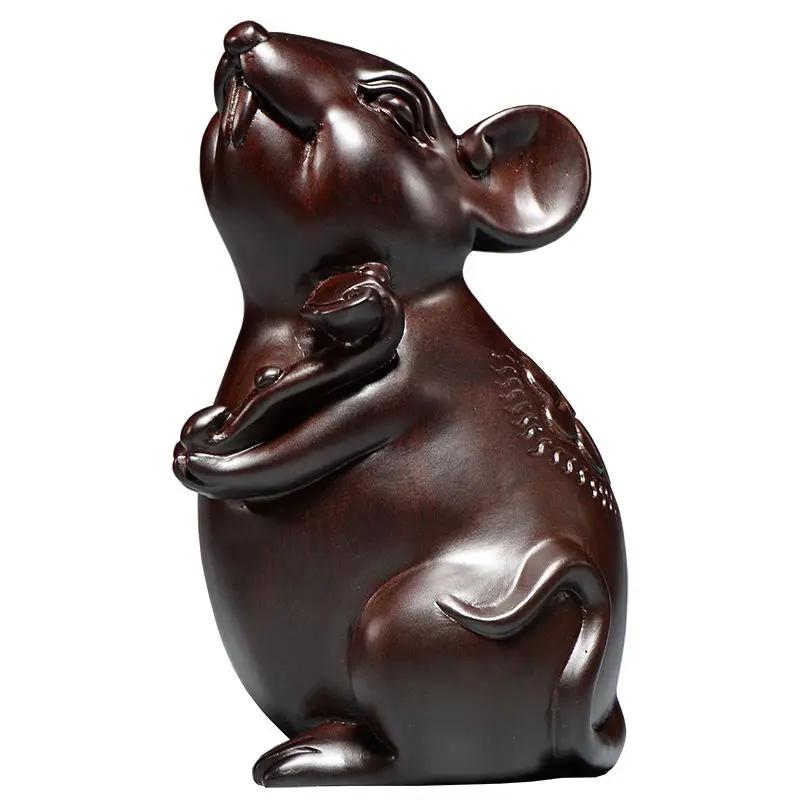 Solid Wood Mouse Wood Carving Decorations Living Room Xuanguan Office Shop Home Decoration Sculpture Crafts Housewarming Gift