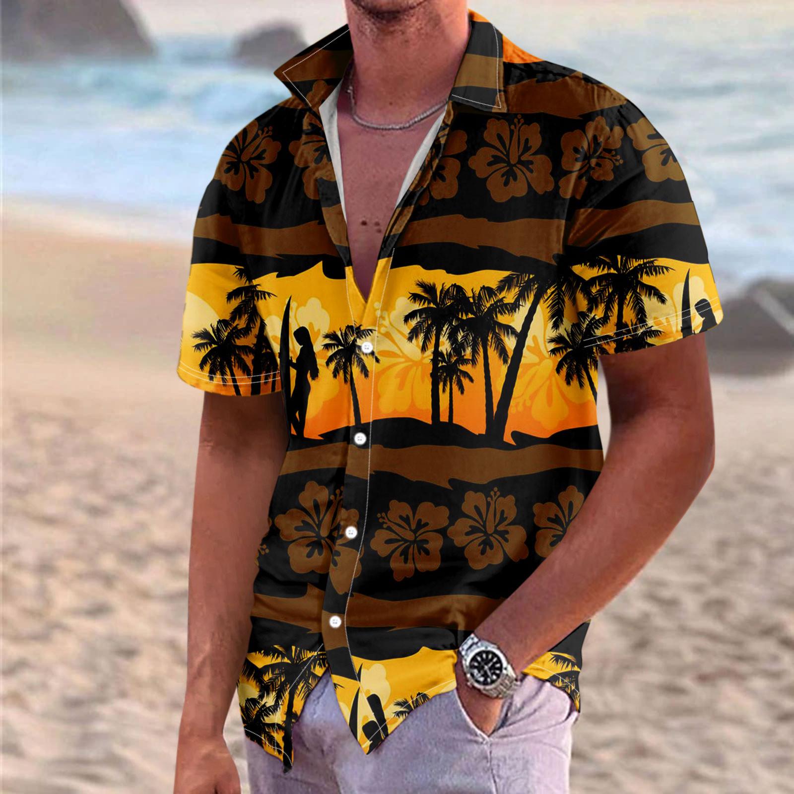 

Гавайская рубашка для мужчин, мужские винтажные рубашки для боулинга на пуговицах, летняя пляжная рубашка с коротким рукавом L кофейный