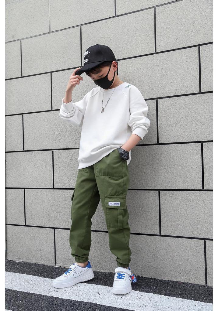 Boys' 2024 Spring/Autumn Military-Style Cotton Pants for Medium & Large Children