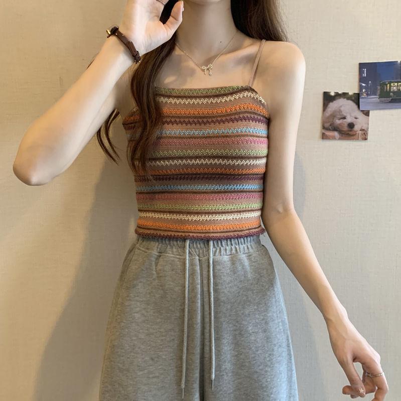 Women's Striped Knitted Camisole Vest Summer French Style Stylish Slim Fit Slimming Bottom Shirt Sleeveless Top