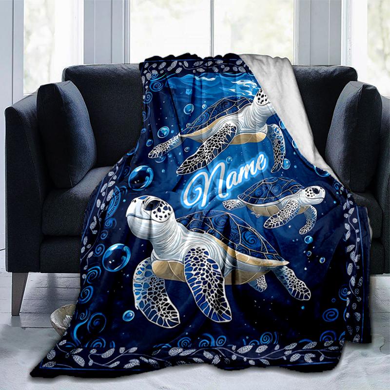 1PC Custom Name Ocean Turtles Art Flannel blankets Patterns Throw Blanket All-Season Soft Gift for Couch, Bed, Camping gifts