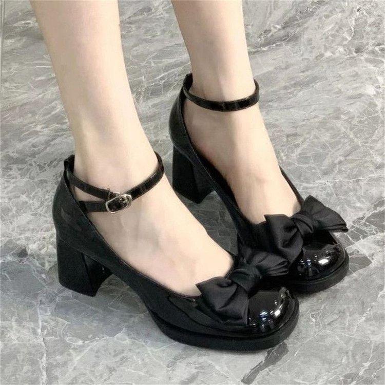 Coarse heel leather shoes Mary Jane shoes women's single shoes 2025 spring and summer new niche bow retro high heel small leather shoes