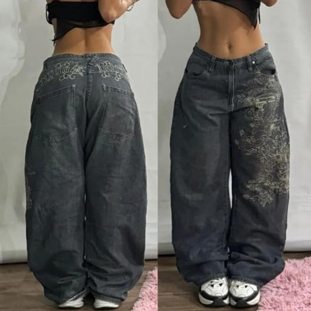 Women's Retro High Street Wide-Leg Denim Trousers Washed High-Waisted Casual Stylish Denim Trousers