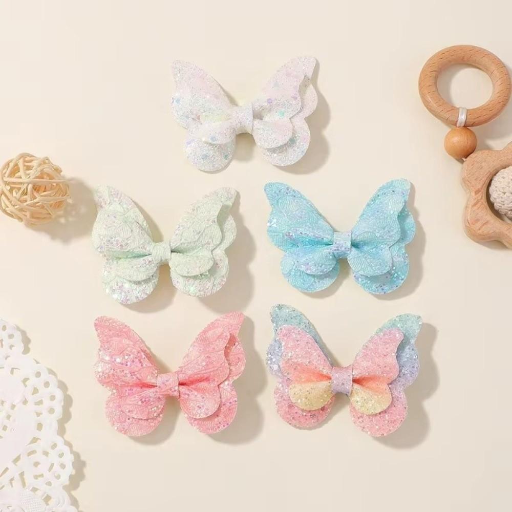 4Pcs Colorful Glitter Ribbons Glitter Hair Clip Double Butterfly Design Sequins Hair Clip For Girls