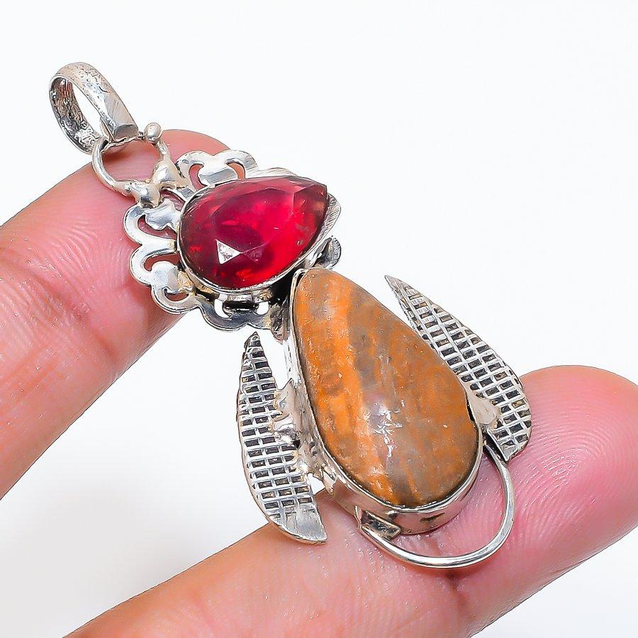 Natural Bumble Bee Jasper, Garnet 925 Sterling Silver Jewelry Pendant 2.25" ZS-247