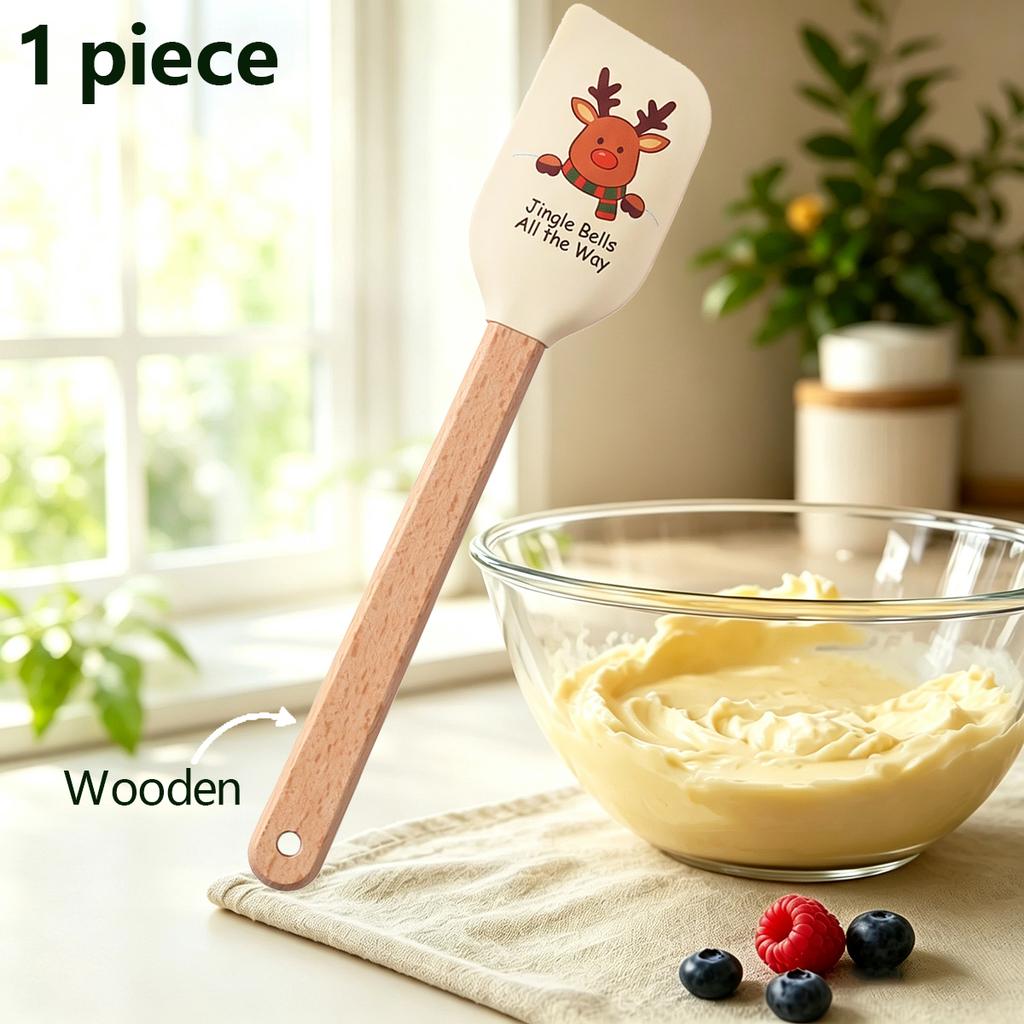 1pc Silicone Wooden Handle Baking Scraper, Christmas, Cake Cream Spatula, Household Non Stick Holiday Kitchen Utensils.