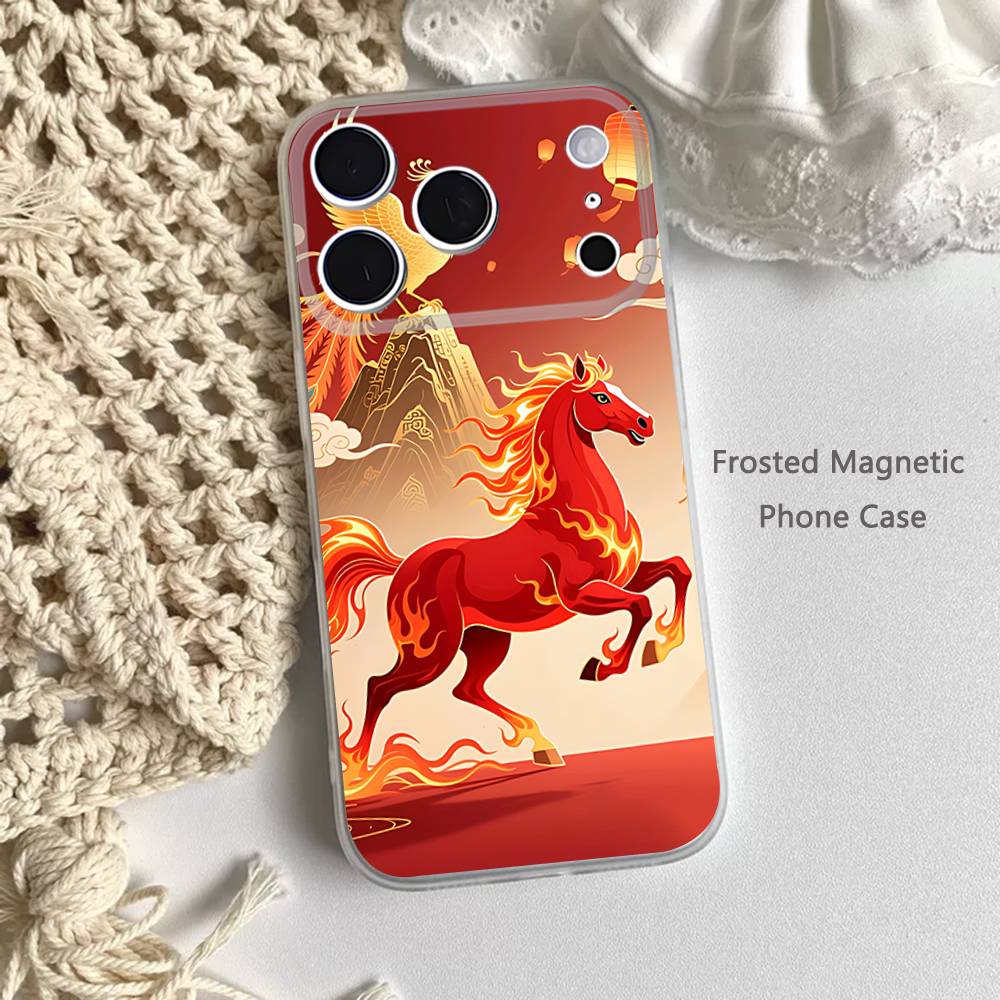 Moderne chinesische Stil Rotes Pferd Handyhülle Für iPhone 14,16,12,17,13,15,11 Max,Pro,Mini,Plus,Air,E Magnetisch Matt Transparent