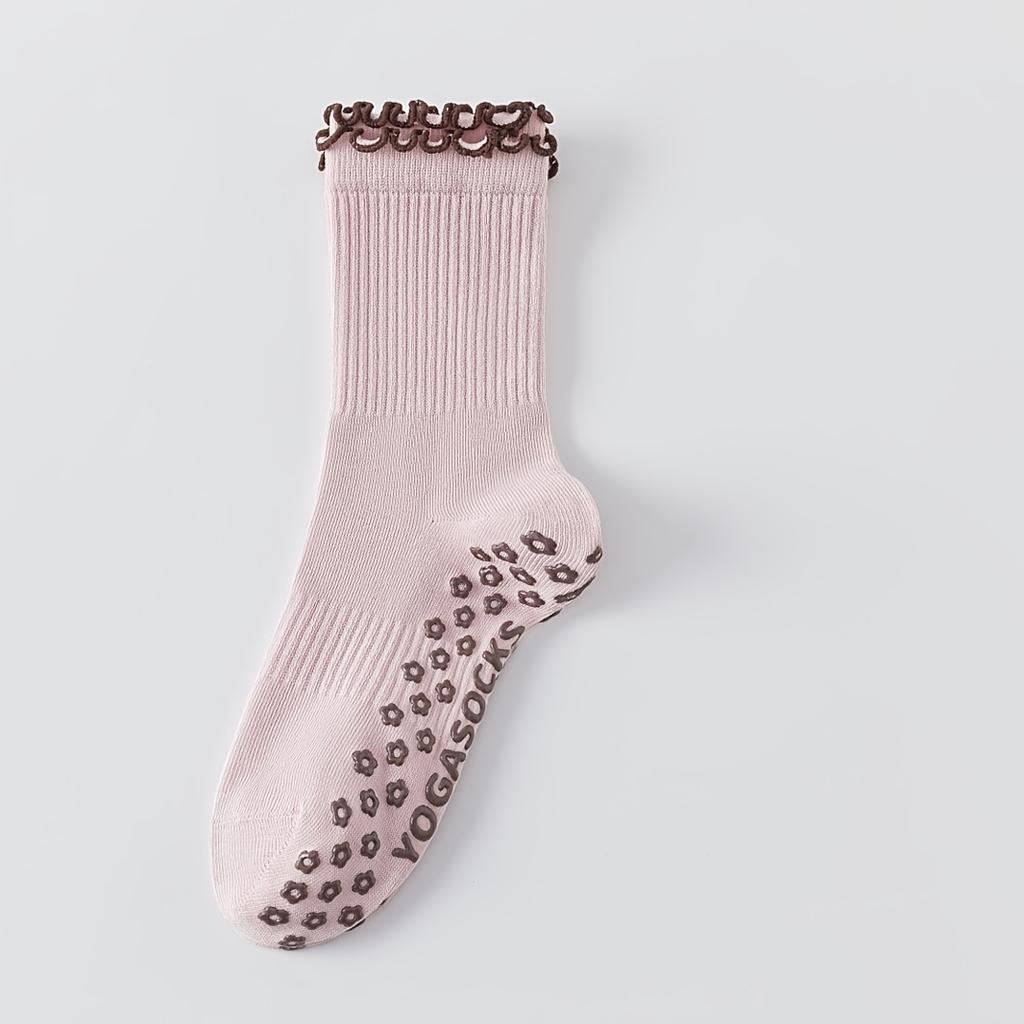 2 Paar gerüschte rutschfeste Yogastrümpfe, Vollhandflächen-Silikon-Mittelschaft-Pilates-Socken, Rutschfeste Fitness-Sportsocken, In mehreren Farben erhältlich