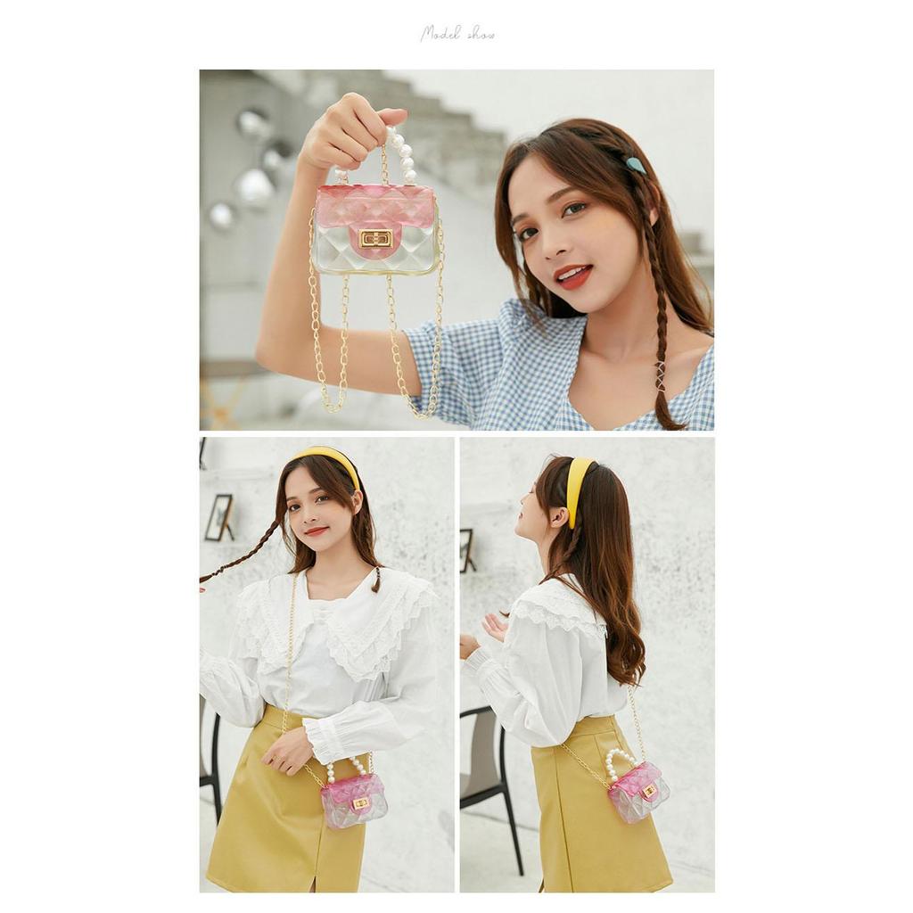 Kawaii Crossbody Bag Cartoon Cute Girls Fashion Mini Chain Pearl Handbag Sweet Princess Jelly Pack Party Coin Purses Gift