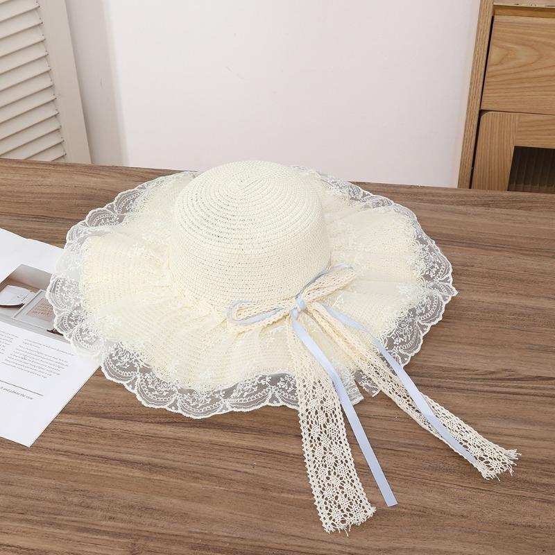 Summer Bow Sun Hat Female, Seaside Beach Vacation Sun Hat Outdoor Big Brim Sun Hat Sweet Straw Hat