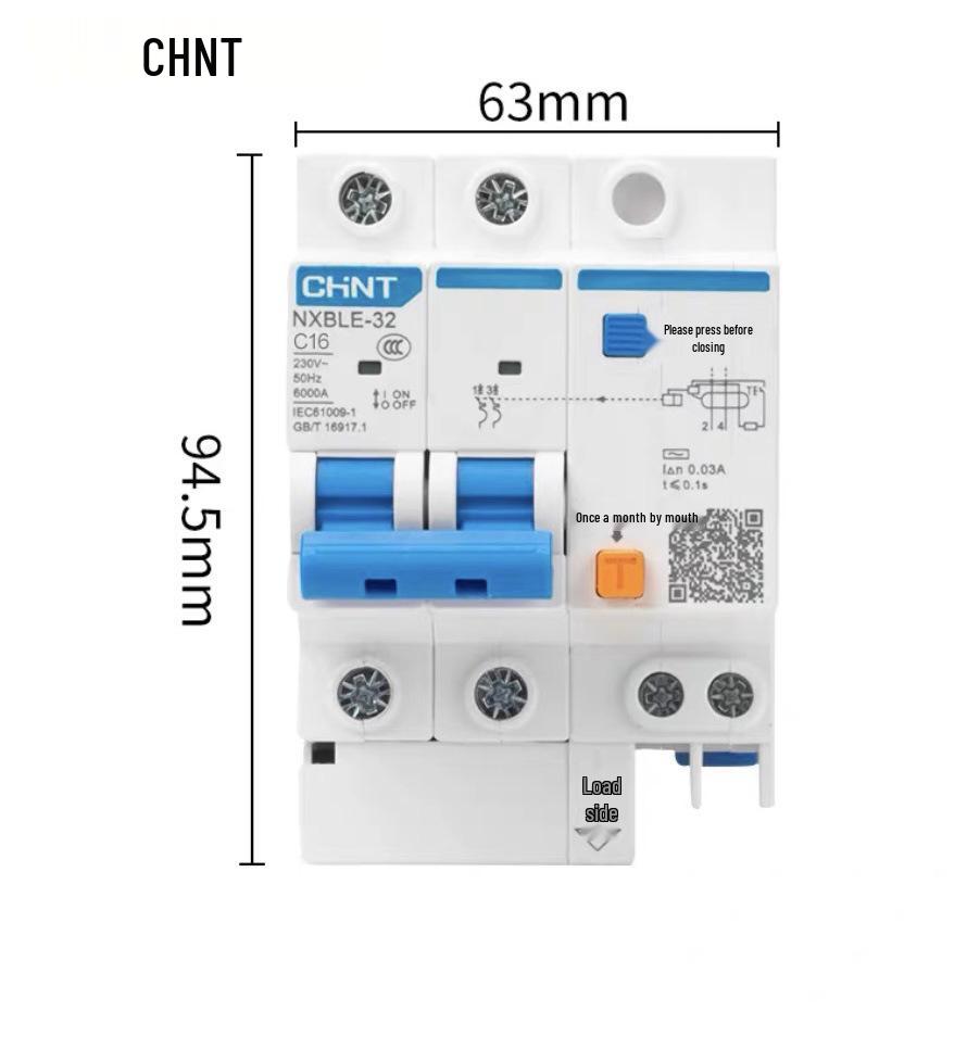 Chint 2P MCB Circuit Breaker with Air Switch, 220V RCD, 32A/63A, for Three-Phase Household Electrical Protection