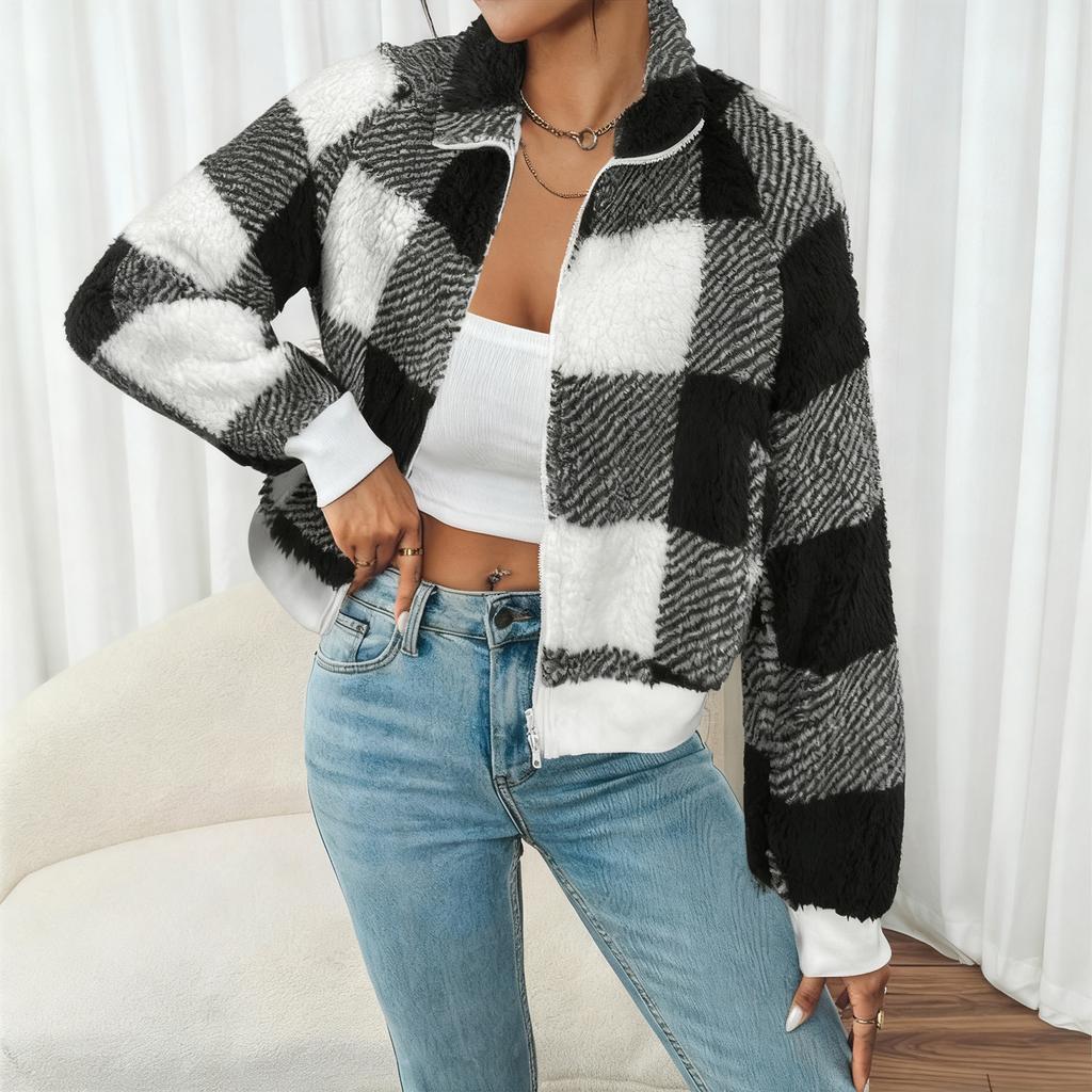 Dámská Módní Plyšová Teplá Volná Ležérní Krátká Bunda s Dlouhým Rukávem a Zipem Kostkovaná
