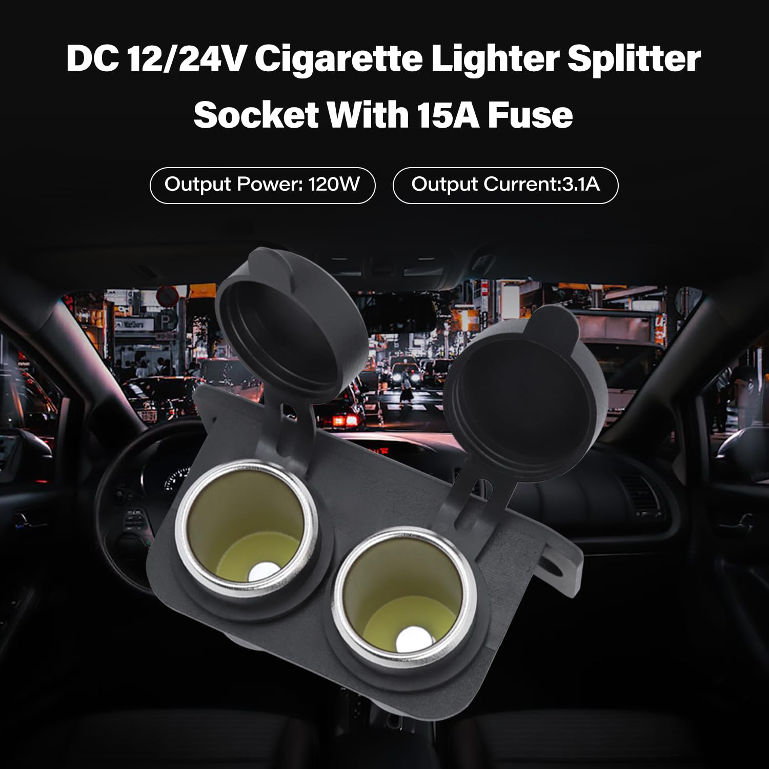 12V Cigarette Lighter Socket with Blade Fuse 15A, 2 Socket Cigarette Lighter Splitter Female, 12V DC Lighter Power Outlet Waterproof Cable Plug for
