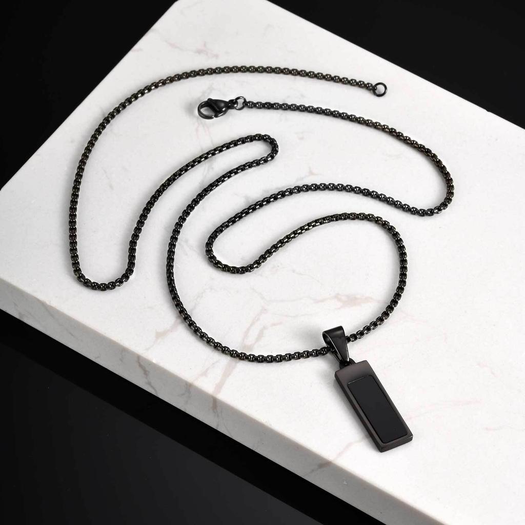 Black Acrylic Rectangular Pendant Necklace for Men,Waterproof Stainless Steel Vertical Necklace,Trendy Casual Jewelry Gift