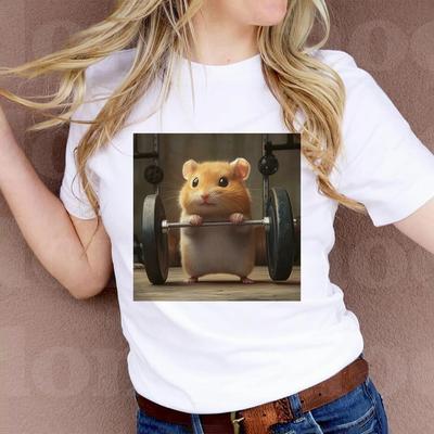 Funny ShortSleeve Lifting Hamster Graphic Tshirt Cute Gym Rat Hamster Casual White Top Cute Fitness Meme Crew Neck Tee Unisex