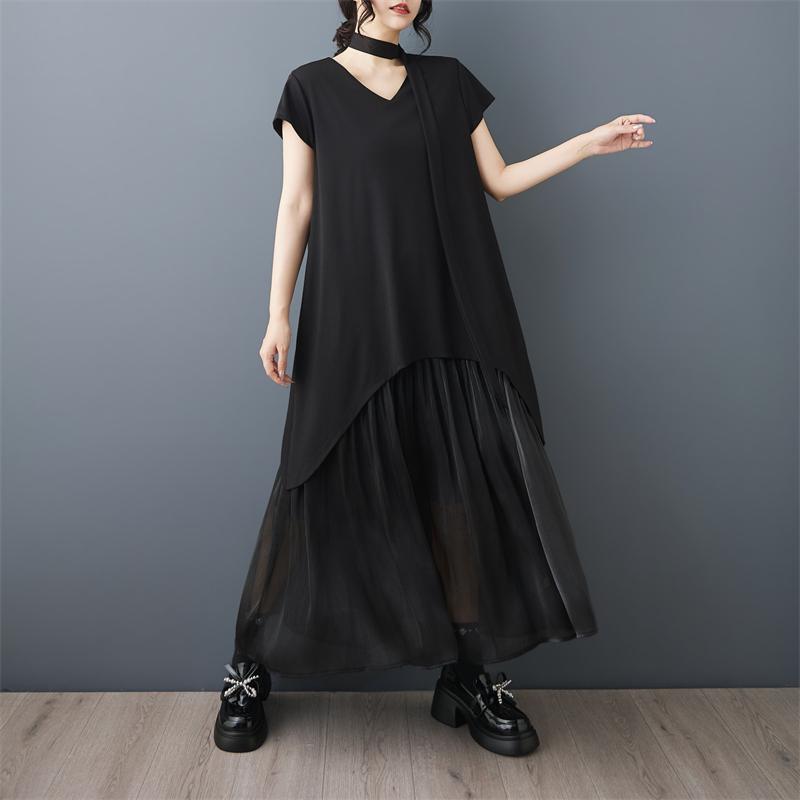 Short Sleeve Plus Size Black Mesh Patchwork Vintage New In Dresses for Women Casual Loose Long Summer Dress