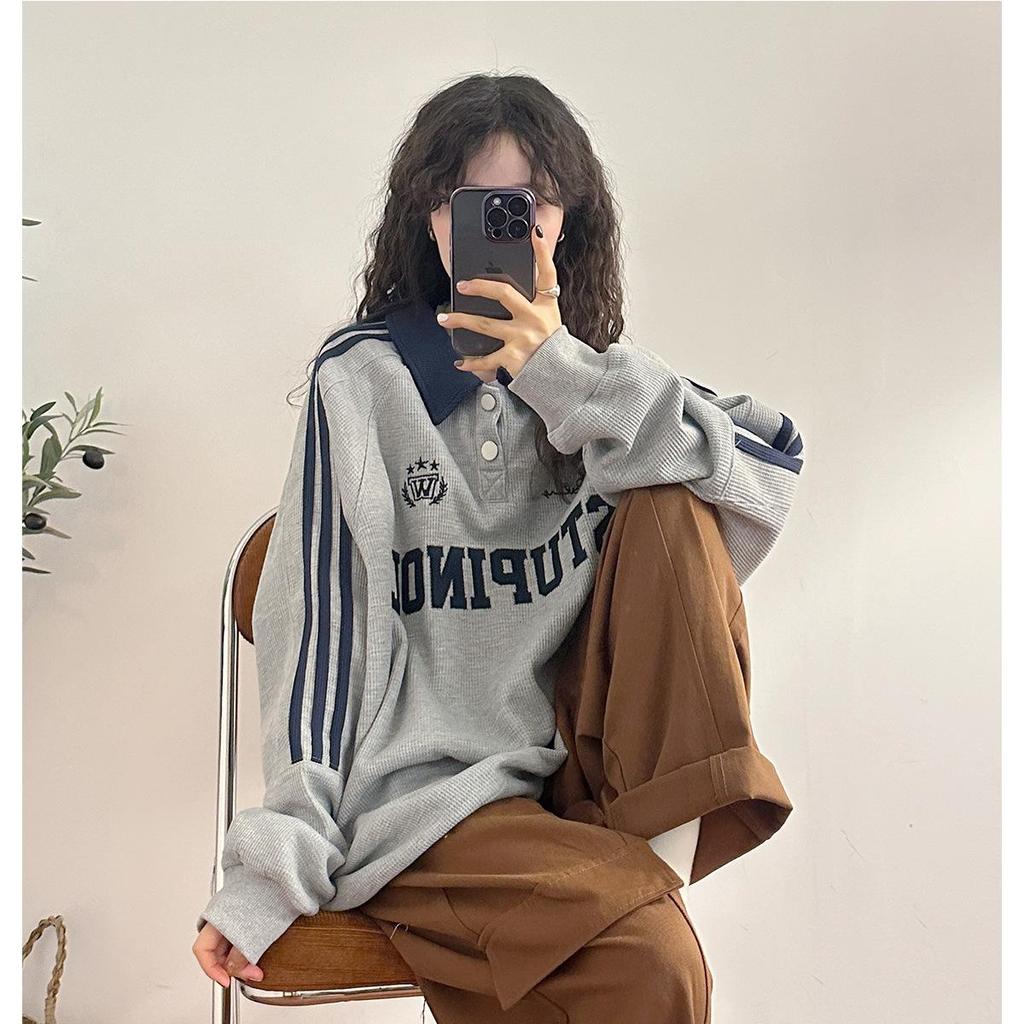 2025 Spring/Autumn Retro Trend Loose Japanese Straight Shoulder Casual Long Sleeve Polo Sweatshirt