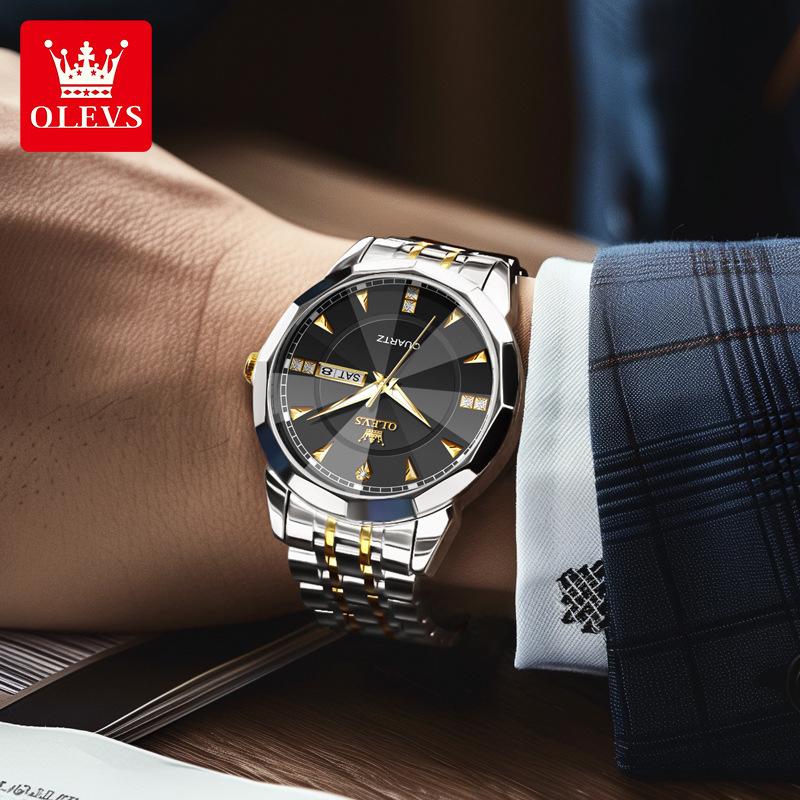 OLEVS Fashion Classic Dual Calendar Quartz Watch For Men Rhombus Mirror Luxury Wristwatch Waterproof Original Man Watches