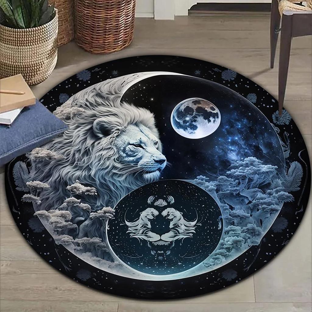 Yin Yang Round Rug Non-Slip Machine Washable Rug with Sakura Goldfish Dragon Lion Cat Tree Design for Living Room Bedroom
