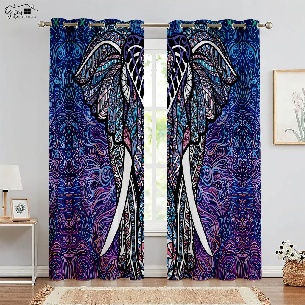 Elephant Pattern 3D Printed Curtains Nordic Style Live Background Homestay Bedroom Living Room Fortune Decoration Curtains 2PCS