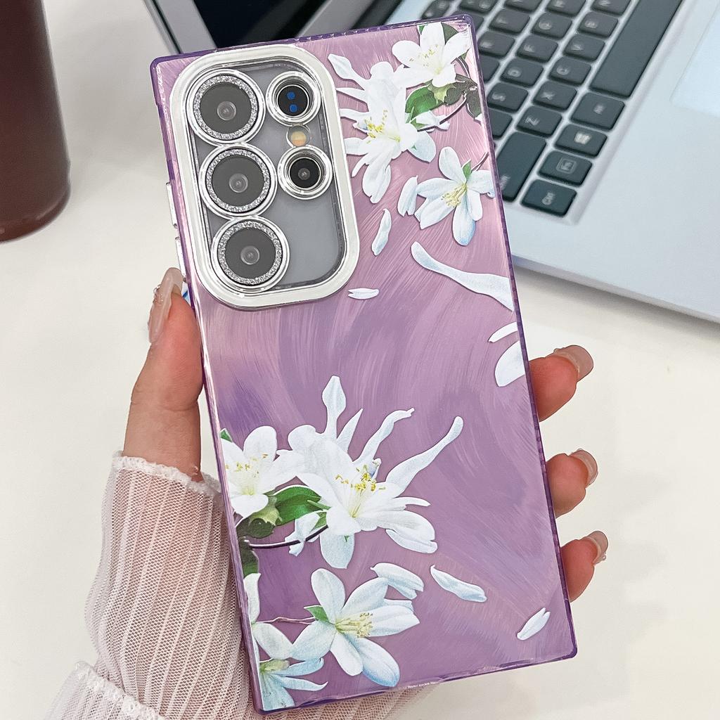 Suitable for Samsung S25 Ultra Mobile Phone Case Electroplated Flower and Grass S24FE with Bracelet Flash Powder Lens Film A56 Protective Case
