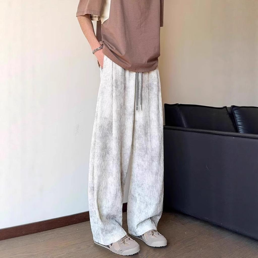 Tie-dye bark pattern ice silk pants men's summer thin quick-drying texture straight-leg pants drape high-waisted wide-leg pants