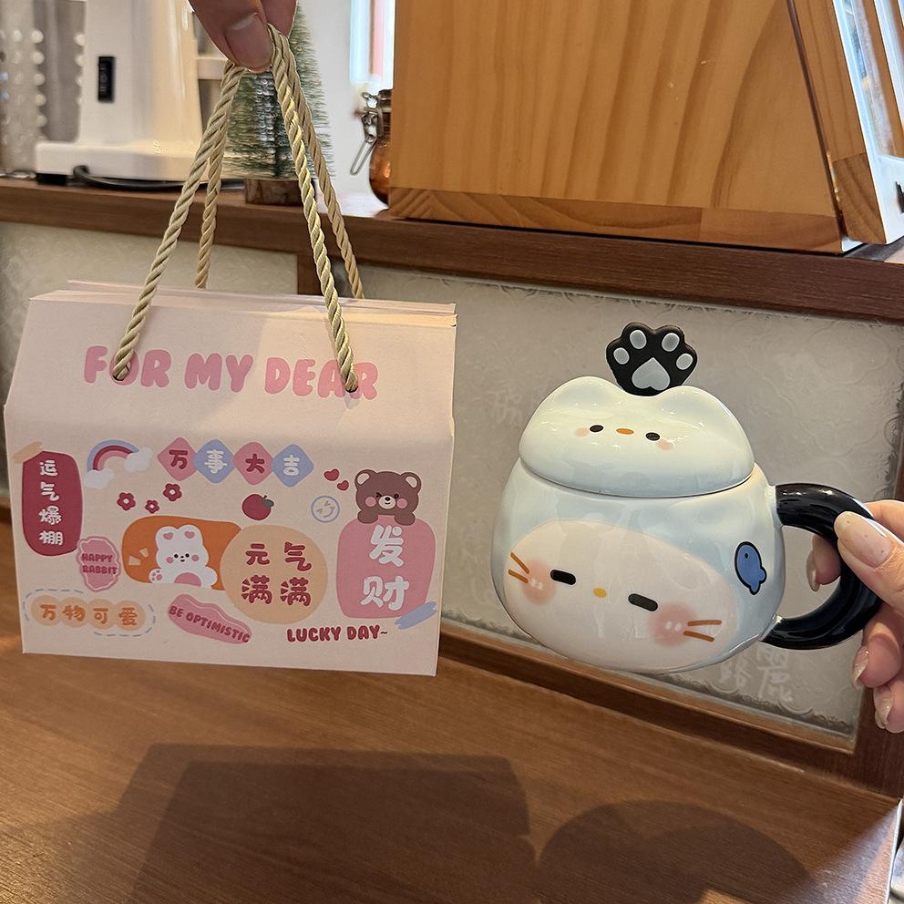 Katzenbecher mit Deckel Löffel hoher Wert Ins-Stil Paarbecher Keramik Trinkbecher für Mädchen Geburtstagsgeschenk