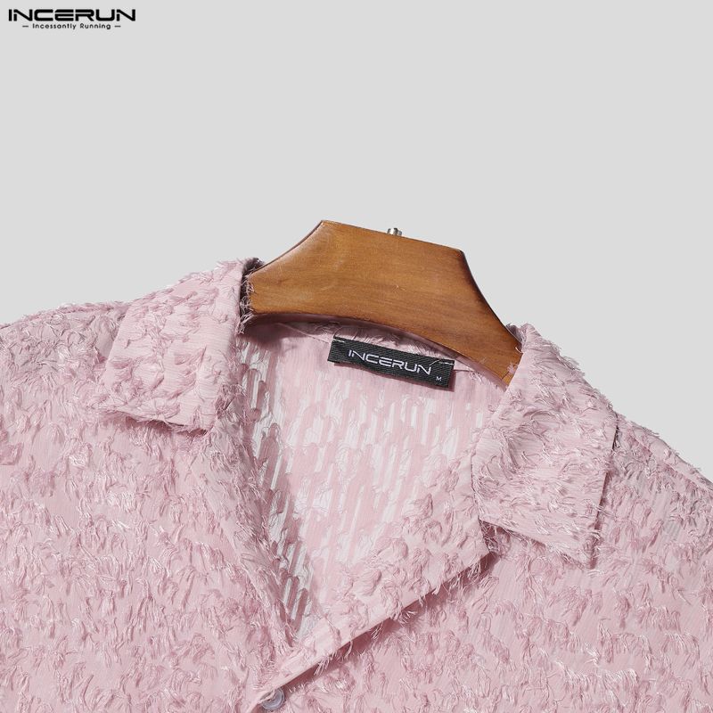 INCERUN Oversized Men Lapel Neck Short Sleeve Tassel Texture Casual Loose Shirts