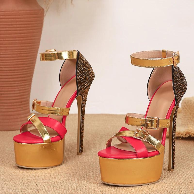 

Pesstwei CRYSTAL Diamond Bling Open Toe Women Sandals Sexy Ultra Stiletto High Heels Buckle Strap Banquet Prom Shoes 35 золотистый