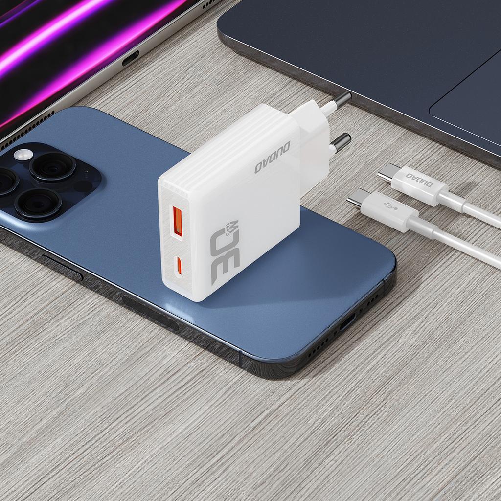 GaN 30W USB-A - USB-C Wall Charger with USB-C Cable - White