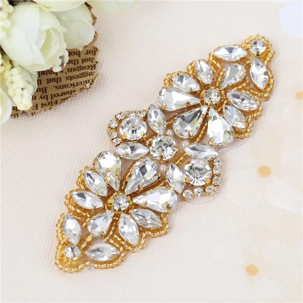 FZD 1 PC Silver Crystal Rhinestone Applique Gold Sew On For Wedding Dress Belt Pearl Patch Iron On Hot Fix Glitter Crystal Stone