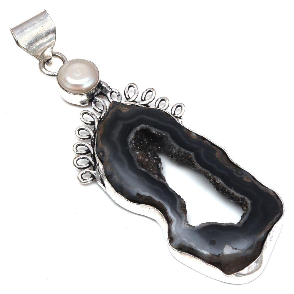 

Pendant Brown Slice Drusy Gemstone Handmade Silver Jewelry 3.25