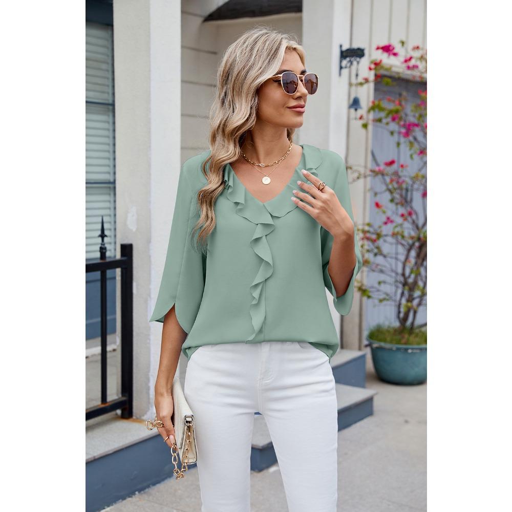 New, Hot-selling, Chiffon Shirt, Medium-sleeved V-neck Pleated Ruffle Edge Loose Women's Top