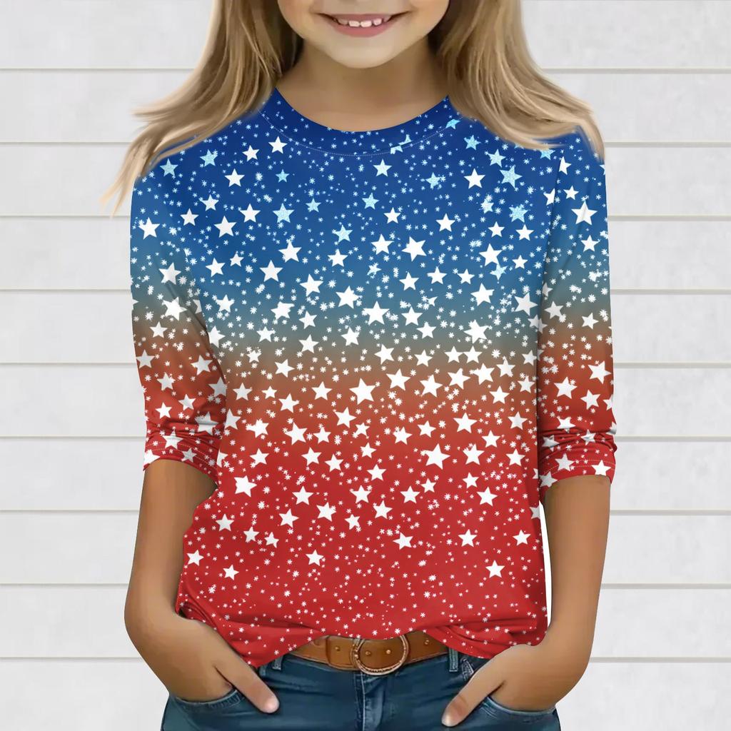 Topuri cu imprimeu pentru fete tinere 3-10 ani Gât rotund Mâneci 3/4 Tricouri Topuri la modă Ținută Tricouri