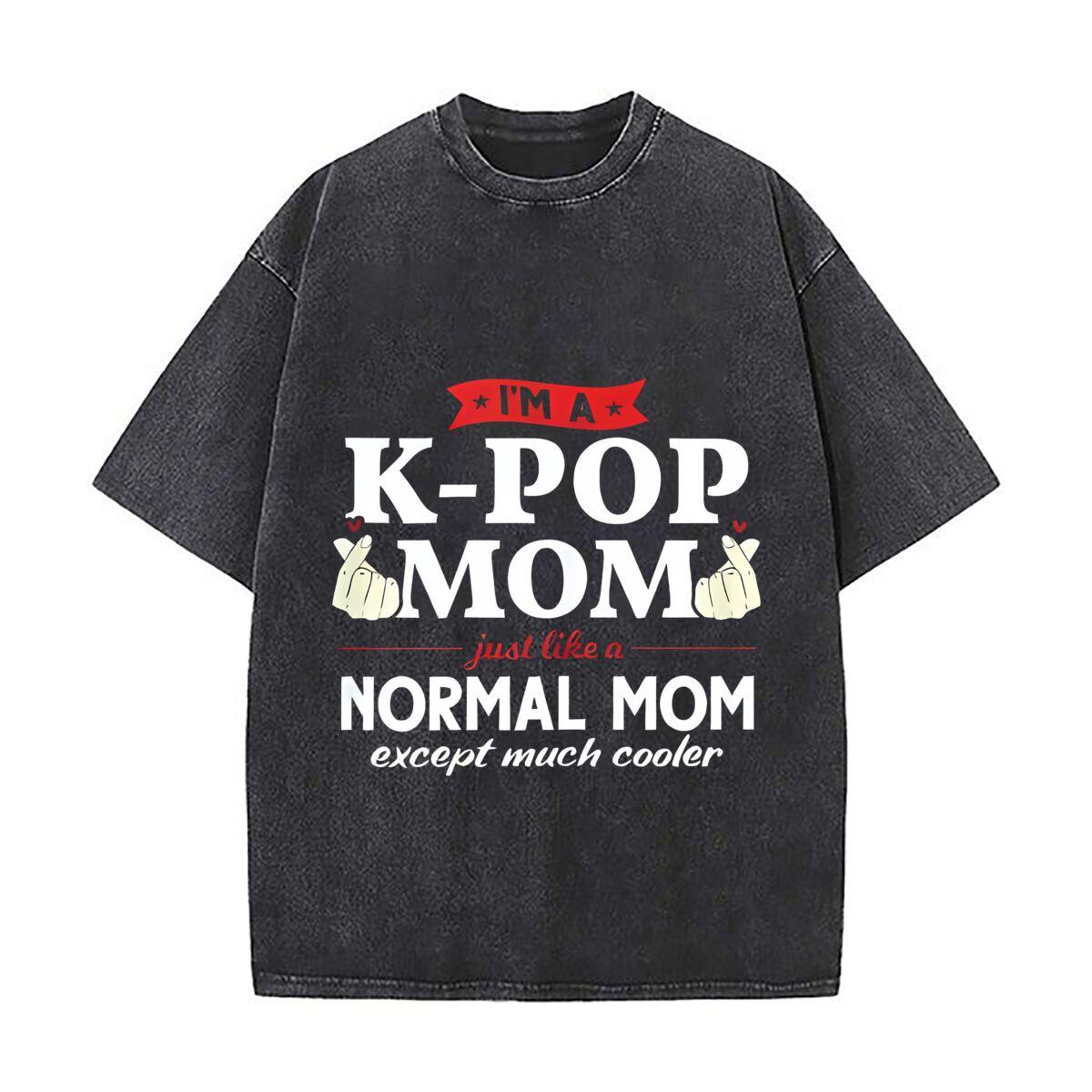 

K Pop Mom Fun Text Statement Art Washed Faded Vintage Short Sleeve Fashion Versatile Daily Tee S