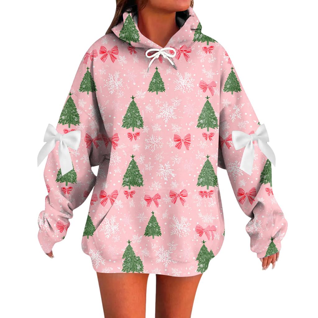 Ladies' Christmas Printed Bow Long Sleeved Loose Fitting Headband With Rope Hooded Sweatshirt Top