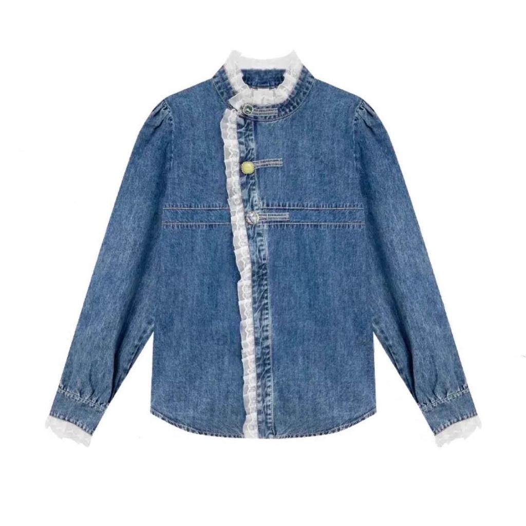 2026 Women's Plus Size Lace Denim Shirt - Loose Fit, Long Sleeve, Short Jacket for Spring and Autumn