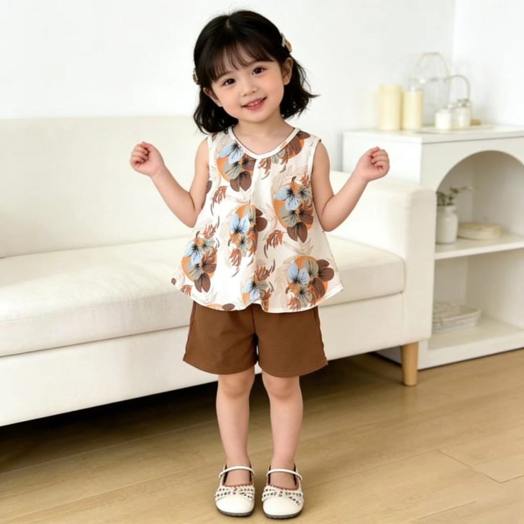 Summer Kids Twopiece Outfit With Floral Pattern Soft Fabric