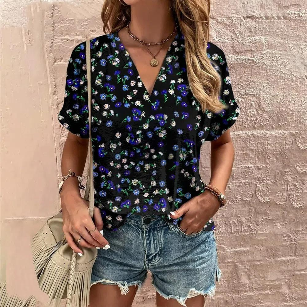 S-8XL Plus Size Crushed Flower Casual T Shirts Streetwear Casual Women's Short Sleeve Tops Tees V Neck T-shirt Fashion Clothing