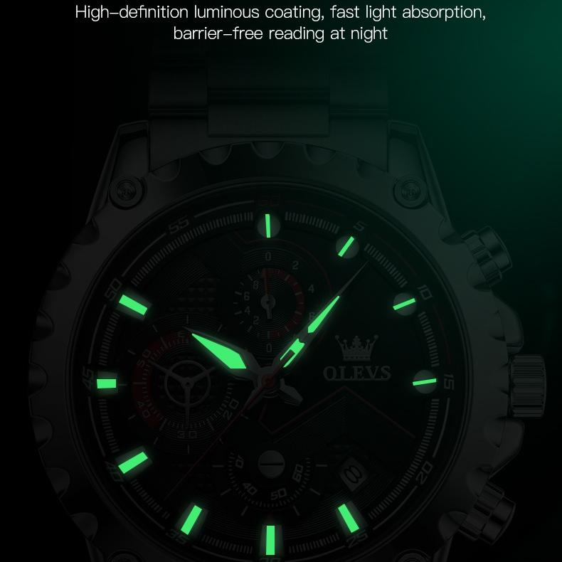 OLEVS Merkeklokke lysende stor urskive multifunksjons herreklokke herreklokke