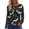 Women's Halloween Print Long Sleeve Top with Round Neck and Hem Slit