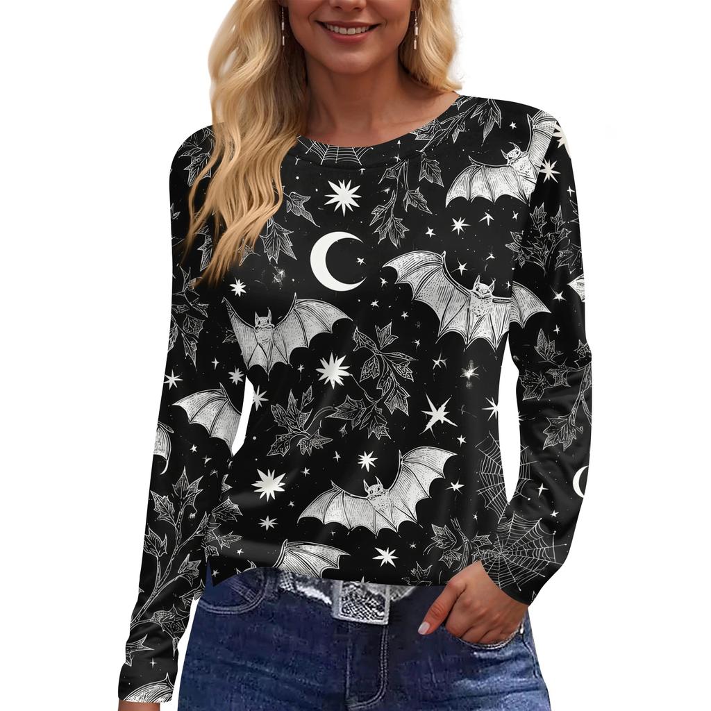 Women's Halloween Print Long Sleeve Top with Round Neck and Hem Slit