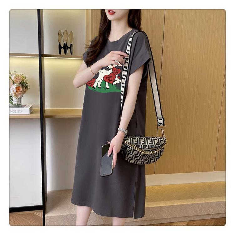 Women's Short-sleeved T-shirt Dress Summer Mid-length Over The Knee Casual Long Dress Plus-size Age Reduction T-shirt Cartoon Dress