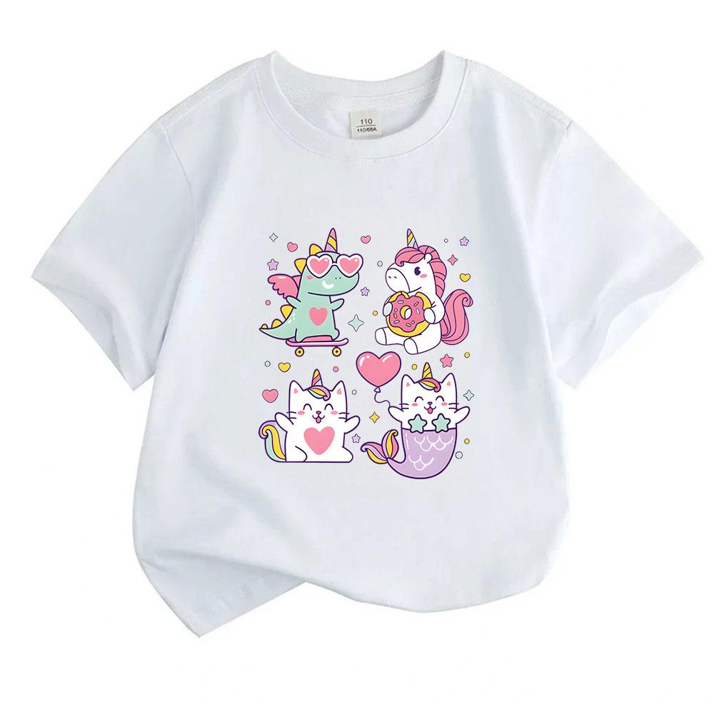 Kids Boys Girls 100% Cotton Crew Neck Short Sleeve T-Shirt, Cute Cartoon Dinosaur Unicorn Cat Mermaid Print Casual Soft Tee for Children Daily Wear