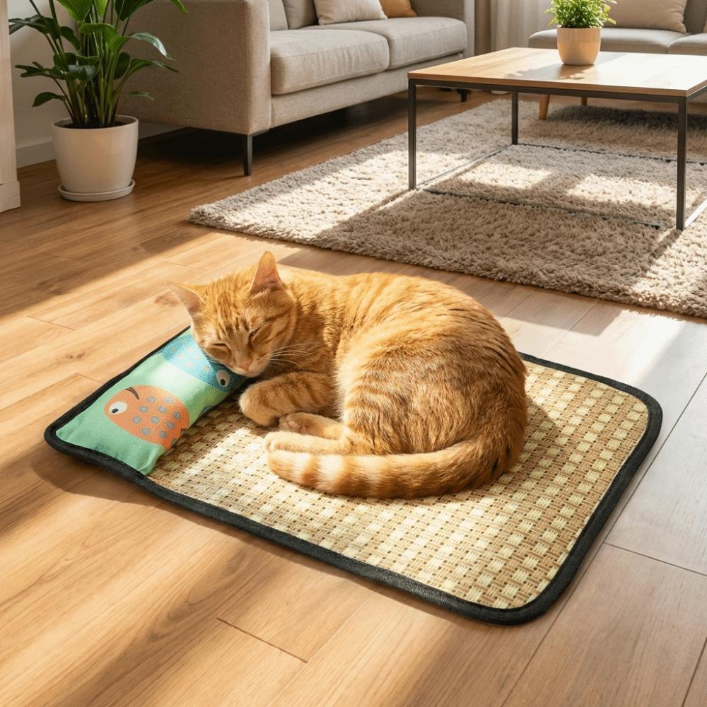 Cartoon Pattern Pet Cooling Mat Rattan Weave Cat Sleeping Mat Dog Crate Sleep Bed Crate Mat